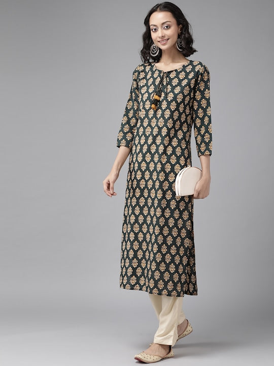 Yufta Women Teal Green & Mustard Yellow Ethnic Printed Pure Cotton Kurta with Palazzos