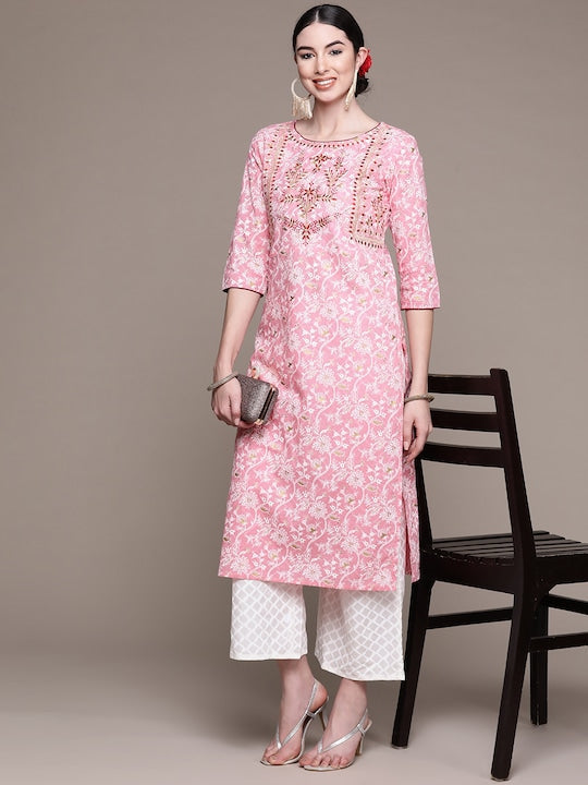Anubhutee Women Pink Floral Printed Thread Work Pure Cotton Kurta with Palazzos - S