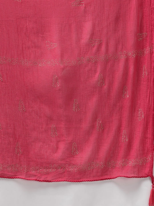 Yufta Women Coral Pink & White Block Print Sequinned Kurta with Trousers & Dupatta