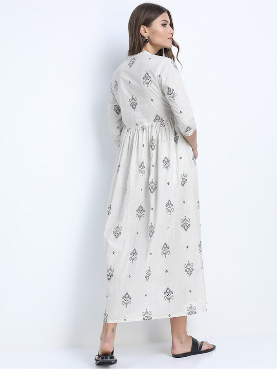 Vishudh Women Cream-Coloured & Grey Ethnic Motifs Cotton Empire Dress