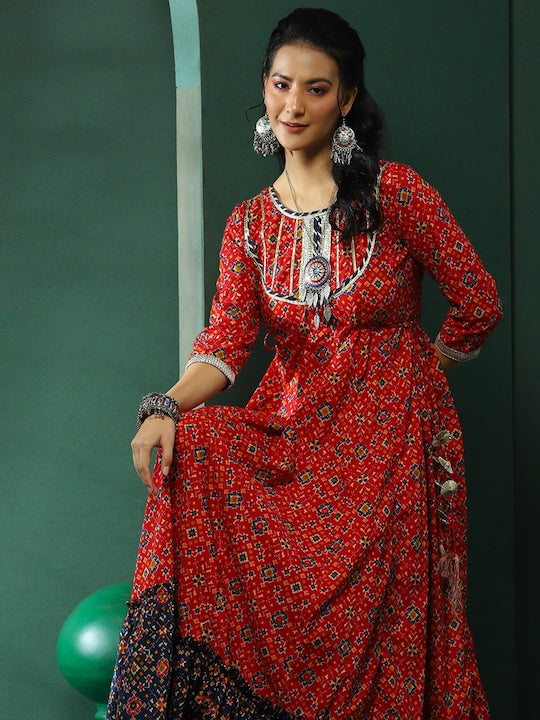 AKS Round Neck Three Quarter Sleeves Floral Print Maxi Dress