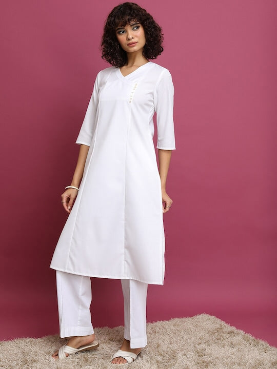 Vishudh White V Neck Angrakha A Line Kurta