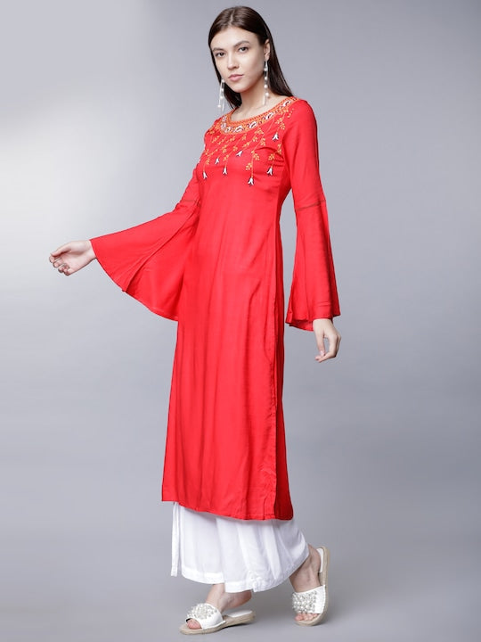 Vishudh Women Red Solid Straight Kurta