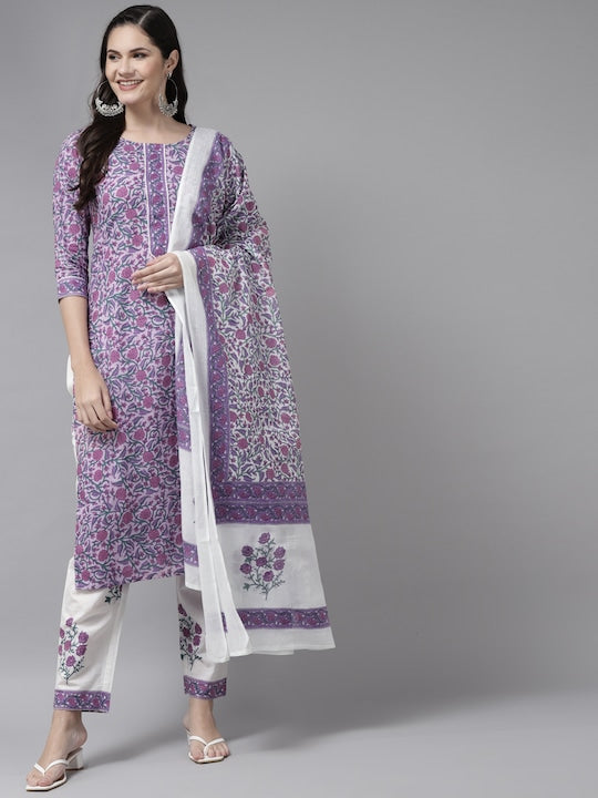 Yufta Women Lavender & White Ethnic Motifs Printed Kurta with Trousers & Dupatta