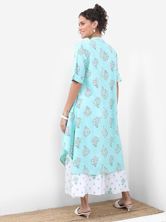 Vishudh White Floral Printed Fit & Flare Midi Dress With Jacket