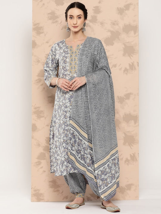 Yufta Women Grey Floral Printed Regular Pure Cotton Kurta with Harem Pants & With Dupatta