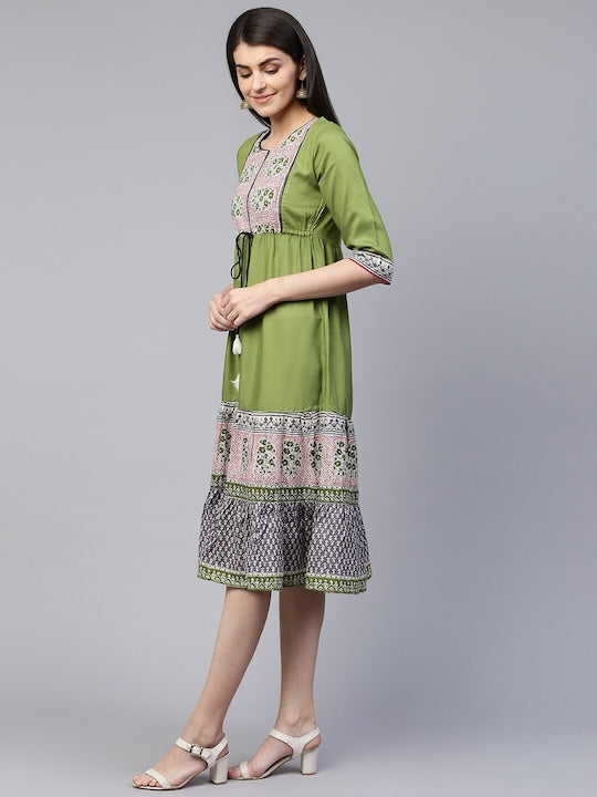 All about you Green & Pink Ethnic Motifs Printed Notch Neck A-Line Midi Dress