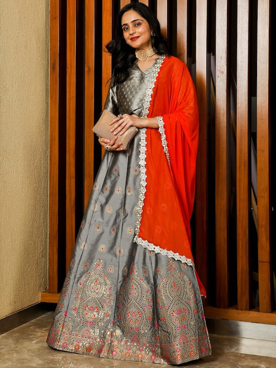 AKS Couture Woven Design Mirror Work Ready to Wear Lehenga & Blouse With Dupatta