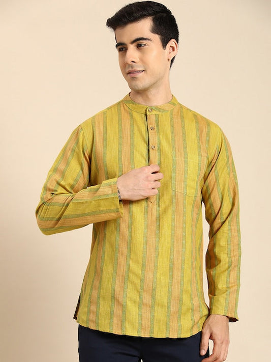Anouk Men Yellow & Green Striped Flared Sleeves Kurta