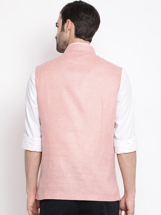 Vastramay Men Peach Coloured Woven Design Nehru Jacket