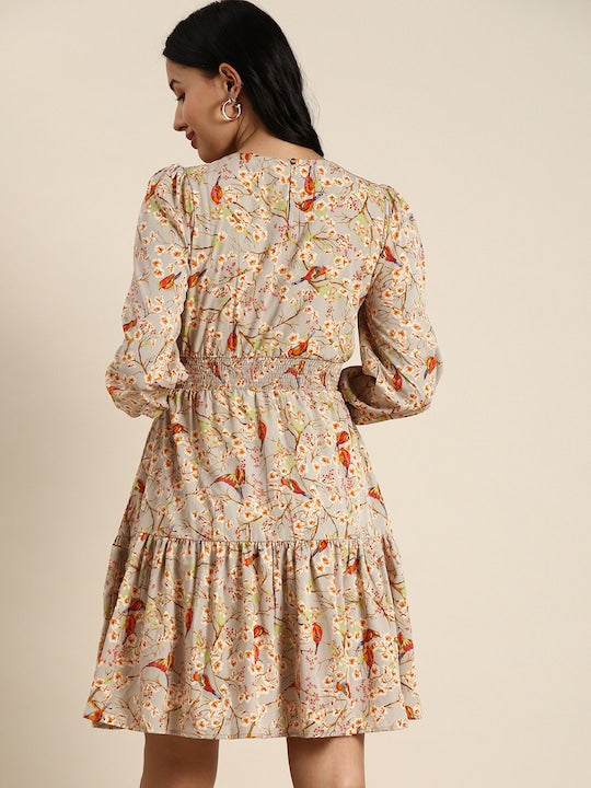 All about you Grey & Orange Floral Printed Gathered Fit and Flare Dress