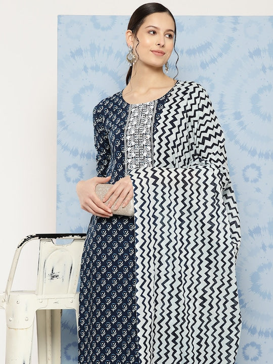 Yufta Ethnic Motifs Embroidered Detail Printed Pure Cotton Kurta Set With Dupatta