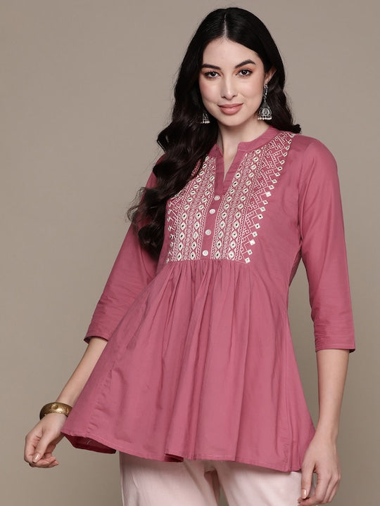 Anubhutee Yoke Design Pure Cotton Mirror Work Pleated Kurti