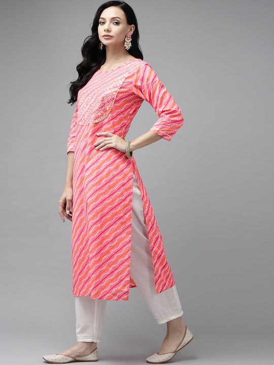 Yufta Women Pink Bandhani Yoke Design Regular Sequinned Pure Cotton Kurta with Palazzos