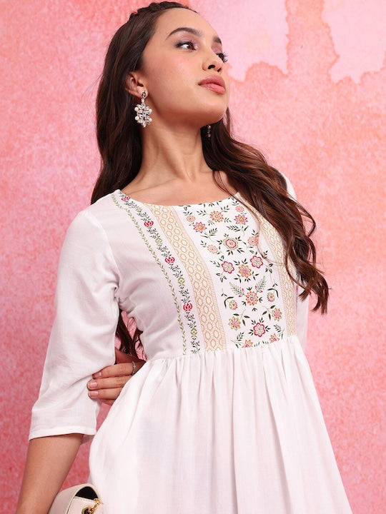 Vishudh Off White Floral Embroidered Gathered Or Pleated Cotton Fit & Flare Midi Dress