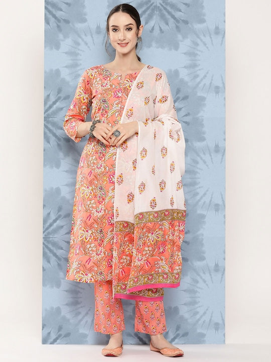 Yufta Women Floral Printed Regular Pure Cotton Kurta with Trousers & With Dupatta - M