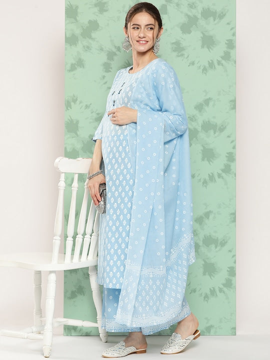 Yufta Ethnic Motifs Embroidered Thread Work Pure Cotton Kurta With Palazzos & With Dupatta