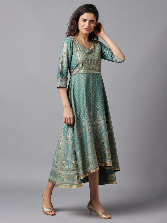 Aurelia Green & Gold-Toned Ethnic Motifs Printed A-Line Midi Dress
