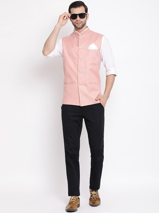 Vastramay Men Peach Coloured Woven Design Nehru Jacket