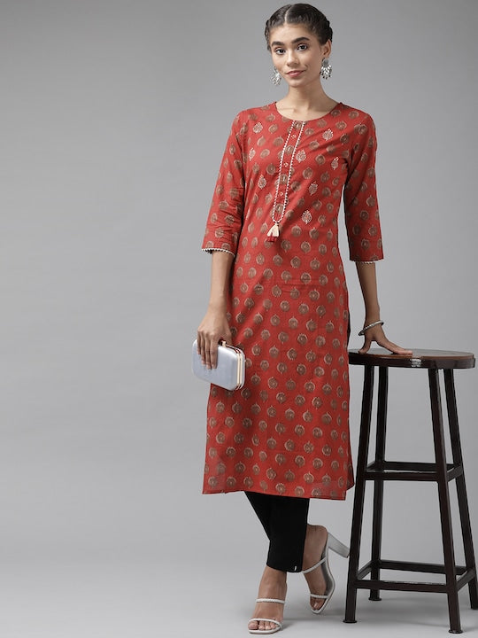 Yufta Women Red Ethnic Motifs Printed Gotta Patti Kurta