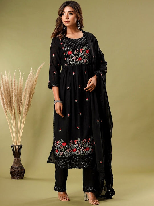 Vishudh Black Floral Embroidered Regular Pure Cotton Kurta With Trousers & Dupatta