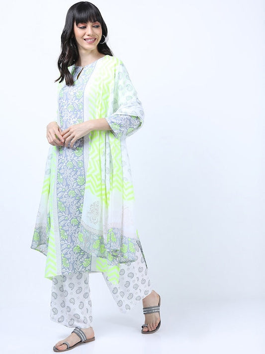 Vishudh Grey Floral Yoke Design Empire Kurta with Trousers & With Dupatta
