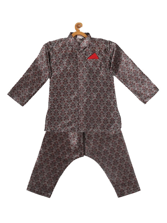 Vastramay Sishu Infant Boys Grey & Maroon Ethnic Motifs Printed Kurta with Churidar