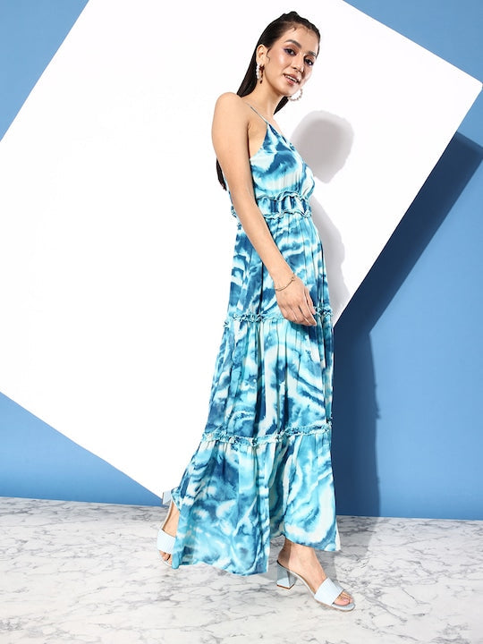 All about you Sea Blue Abstract Printed Vacay Chill Holiday Hype Tiered Maxi Dress