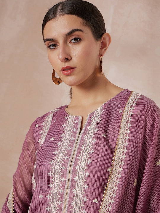 All about you Floral Embroidered Thread Work Kurta & Trousers With Dupatta