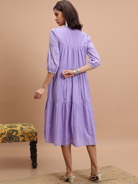 Vishudh Puff Sleeve Cotton A-Line Midi Dress