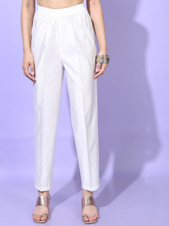 Vishudh Women White Ethnic Motifs Embroidered Panelled Mirror Work Kurta with Trousers