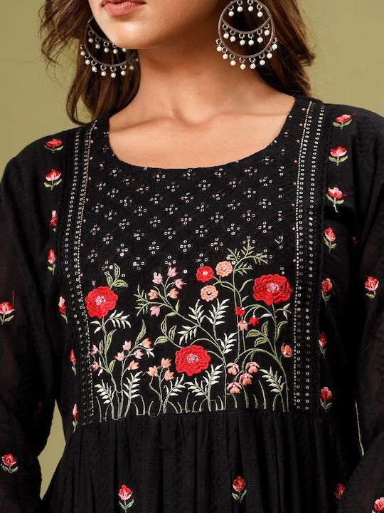 Vishudh Black Floral Embroidered Regular Pure Cotton Kurta With Trousers & Dupatta