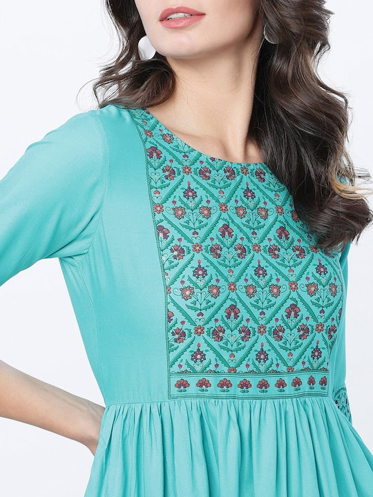 Vishudh Women Sea Green Printed Fit and Flare Dress
