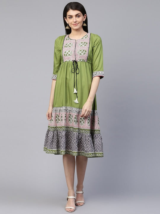 All about you Green & Pink Ethnic Motifs Printed Notch Neck A-Line Midi Dress