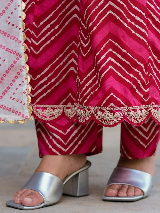 Yufta Chevron Printed Anarkali Sequinned Kurta with Trousers & With Dupatta