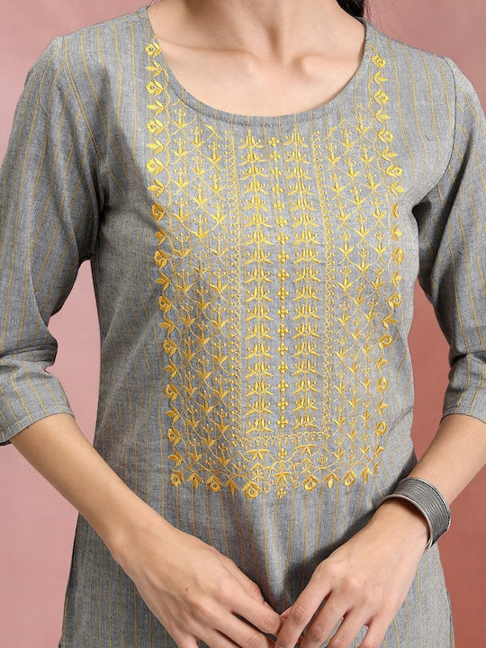 Vishudh Grey & Yellow Ethnic Motifs Yoke Design Thread Work Cotton Kurta