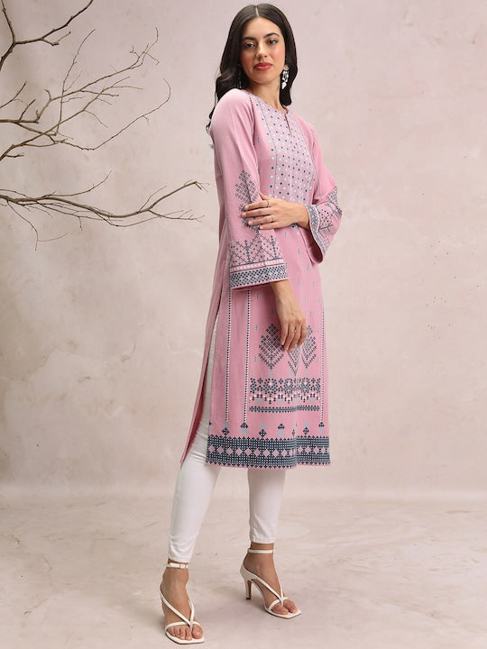 Vishudh Ethnic Motifs Printed Keyhole Neck Straight Kurta