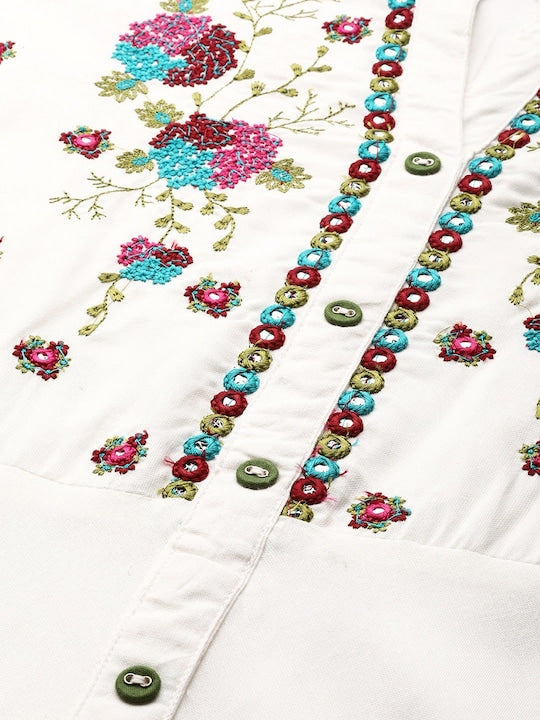 All about you White Floral Yoke Designed Mandarin Collar Cotton Anarkali Kurta