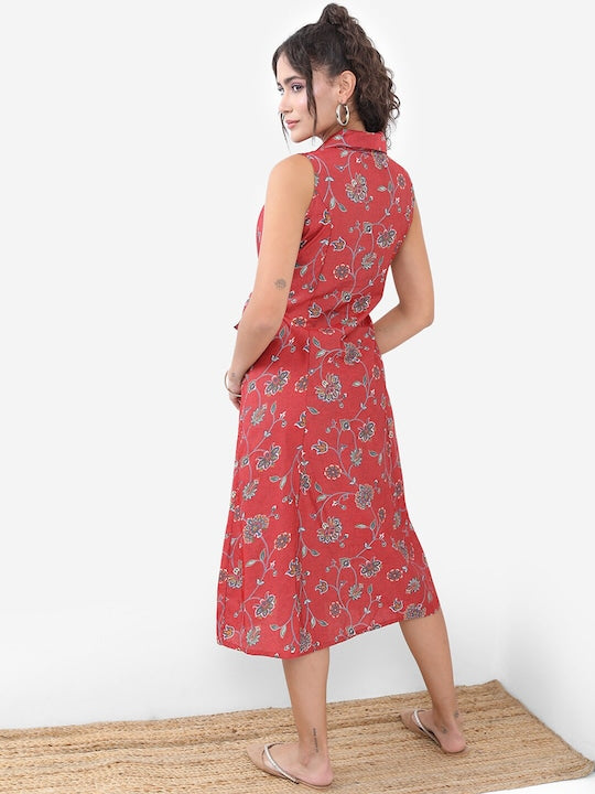 Vishudh Red Floral Printed V-Neck A-Line Dress