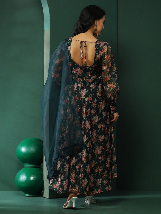AKS Floral Printed Anarkali Kurta With Trousers & Dupatta