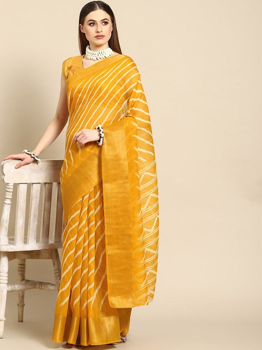 Anouk Mustard & Cream Coloured Leheriya Cotton Blend Saree