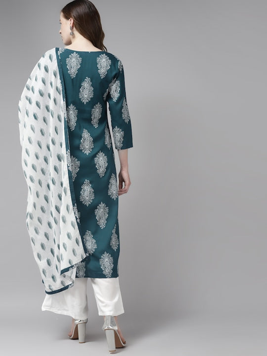 Yufta Women Teal Ethnic Motifs Printed Regular Kurta with Palazzos & With Dupatta