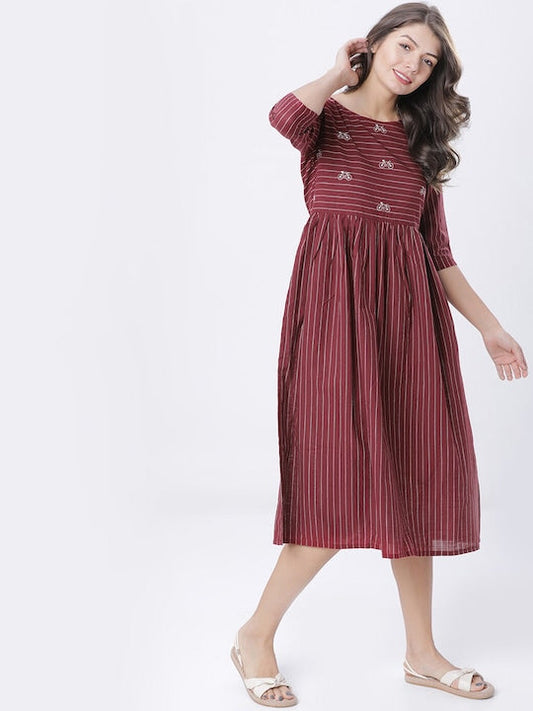 Vishudh Women Maroon & Off-White Striped Fit and Flare Dress