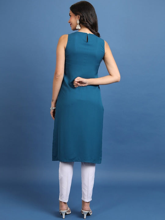 Vishudh Teal Floral Embroiderd Sequinned Sleeveless Straight Kurta