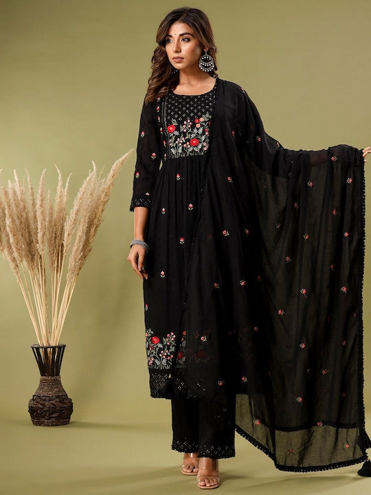 Vishudh Black Floral Embroidered Regular Pure Cotton Kurta With Trousers & Dupatta