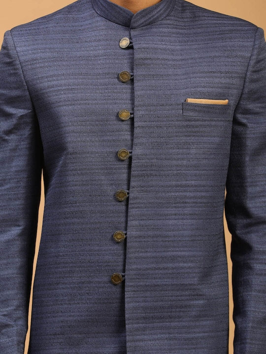 Vastramay Men Blue & Black Textured Sherwani Set