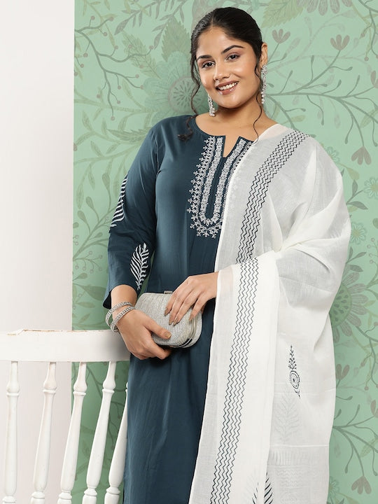 Yufta Plus Size Ethnic Motifs Embroidered Pure Cotton Kurta with Palazzos & With Dupatta