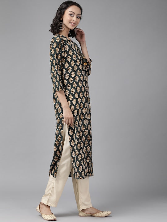 Yufta Women Teal Green & Mustard Yellow Ethnic Printed Pure Cotton Kurta with Palazzos