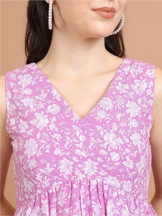 Vishudh Purple & White Floral Printed A-Line Dress