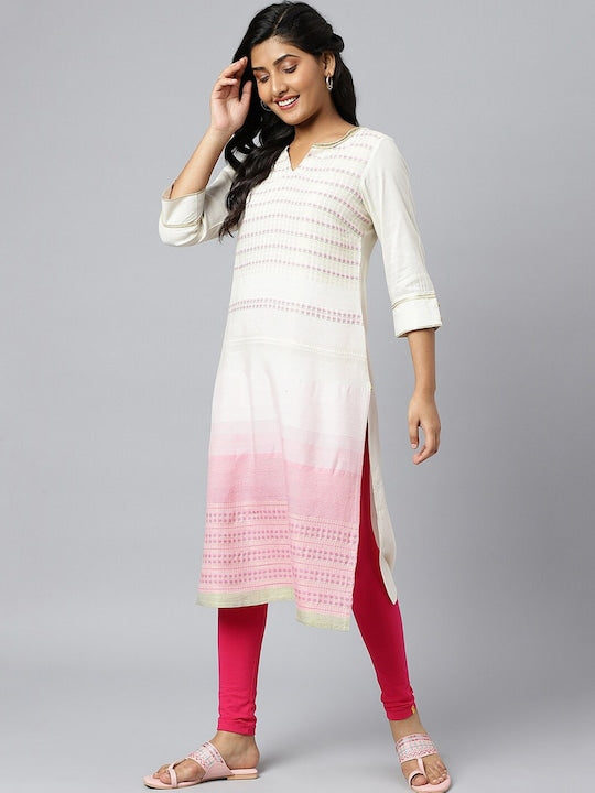 Aurelia Women Off White & Pink Striped Kurta